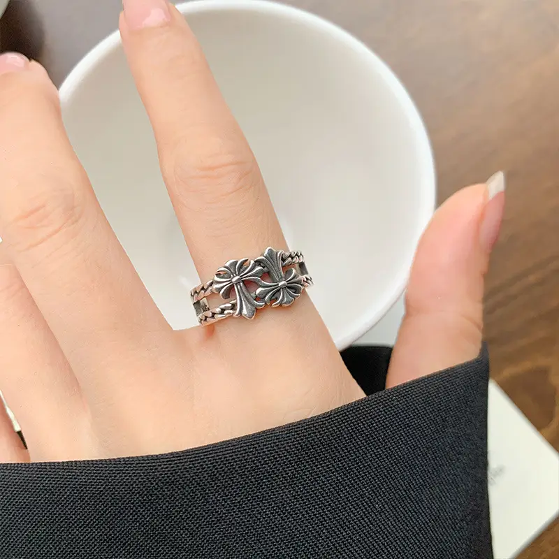 Lanzhi 925 Silver Ring Double Layered Cross Personalized Hip-Hop Jewelry Retro Cross-Border Ring Non-Fading Niche — feature 16