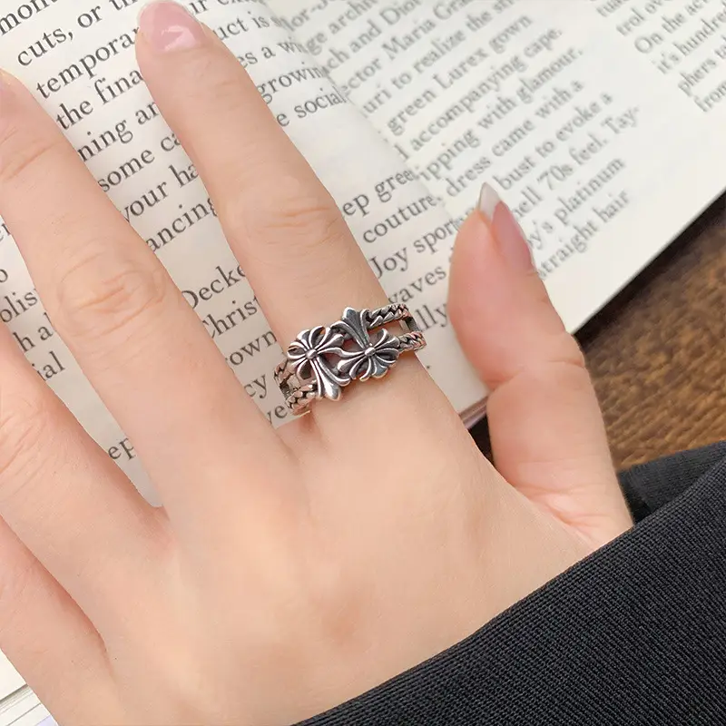 Lanzhi 925 Silver Ring Double Layered Cross Personalized Hip-Hop Jewelry Retro Cross-Border Ring Non-Fading Niche — feature 17