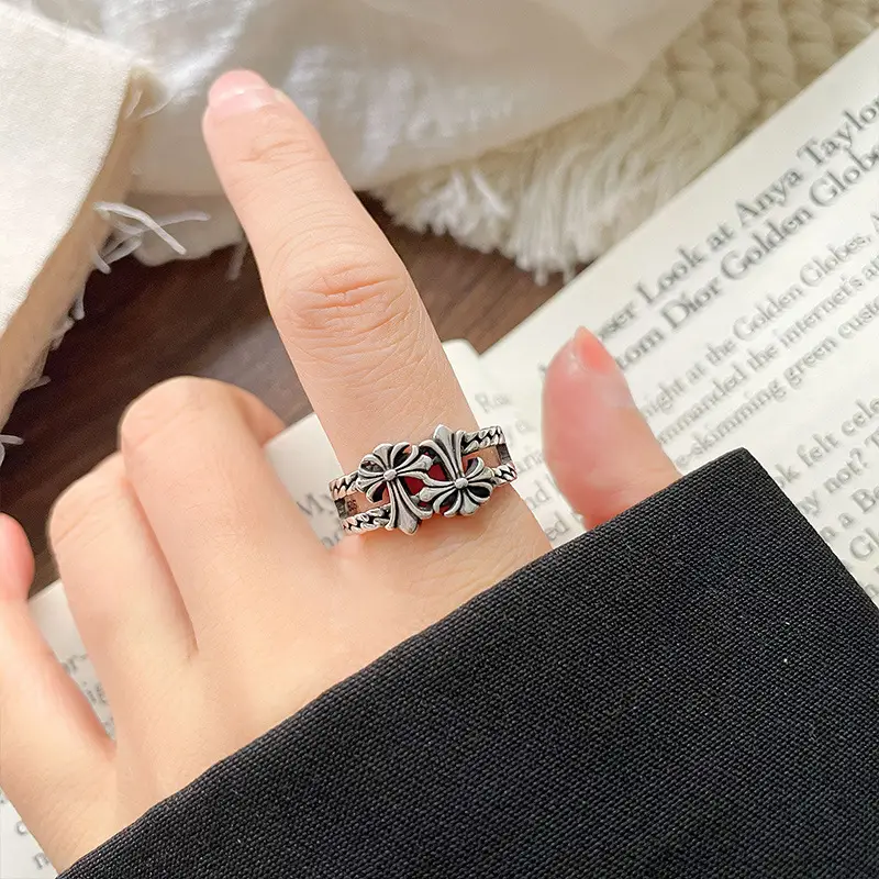 Lanzhi 925 Silver Ring Double Layered Cross Personalized Hip-Hop Jewelry Retro Cross-Border Ring Non-Fading Niche — feature 18