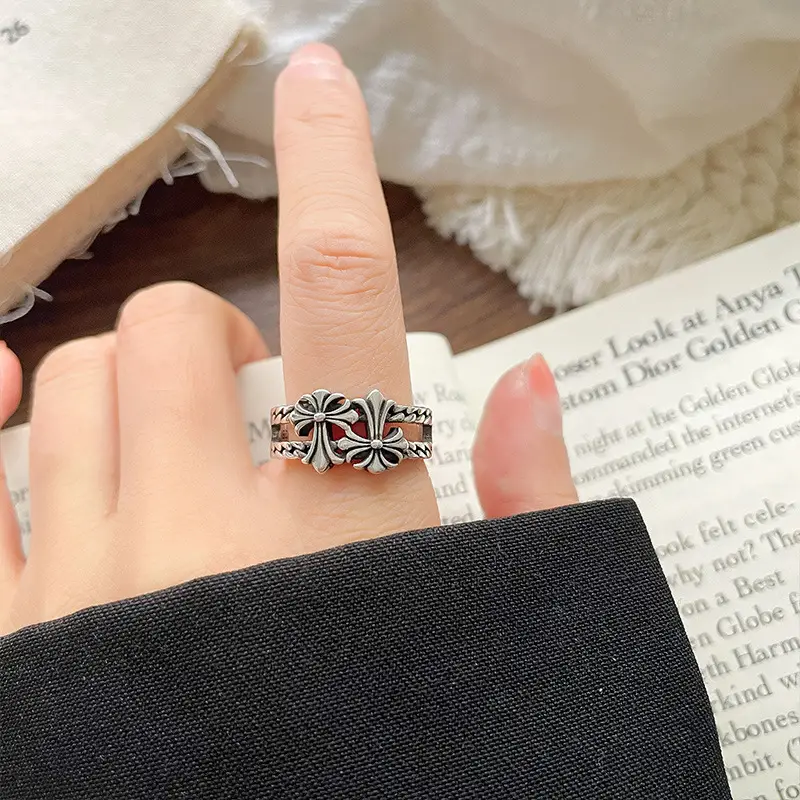 Lanzhi 925 Silver Ring Double Layered Cross Personalized Hip-Hop Jewelry Retro Cross-Border Ring Non-Fading Niche — feature 19