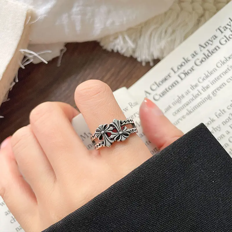 Lanzhi 925 Silver Ring Double Layered Cross Personalized Hip-Hop Jewelry Retro Cross-Border Ring Non-Fading Niche — feature 20