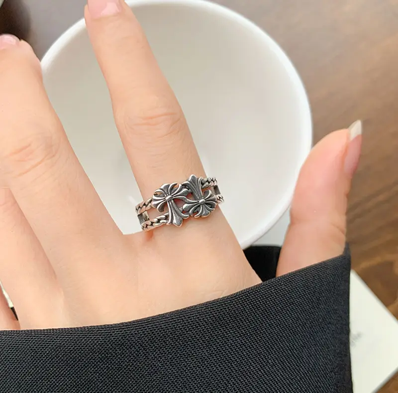 Lanzhi 925 Silver Ring Double Layered Cross Personalized Hip-Hop Jewelry Retro Cross-Border Ring Non-Fading Niche — feature 7