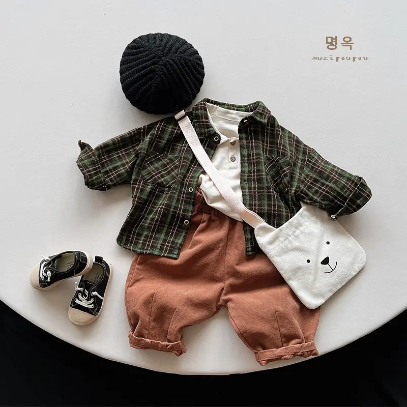Kids Plaid Long Sleeve Shirt Set Brown Pants - Image 5
