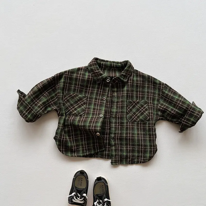Kids Plaid Long Sleeve Shirt Set Brown Pants - Image 2