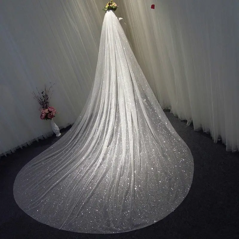 Silver Sequin Lace Veil Headdress for Long Wedding Dress - Image 2
