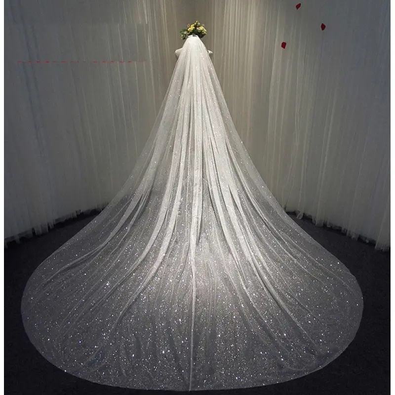 Silver Sequin Lace Veil Headdress for Long Wedding Dress - Image 3