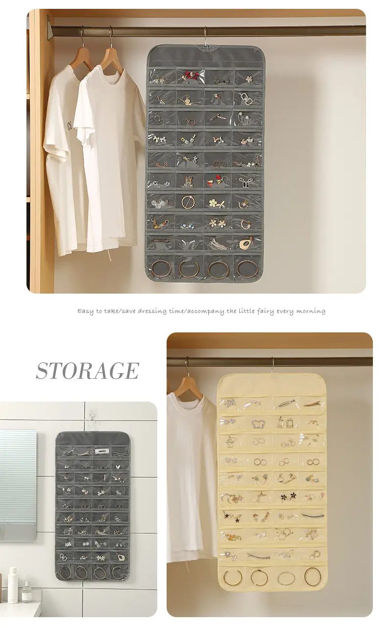 Double-Sided 80-Grid Jewelry Storage Bag Beige 78cm — feature 13