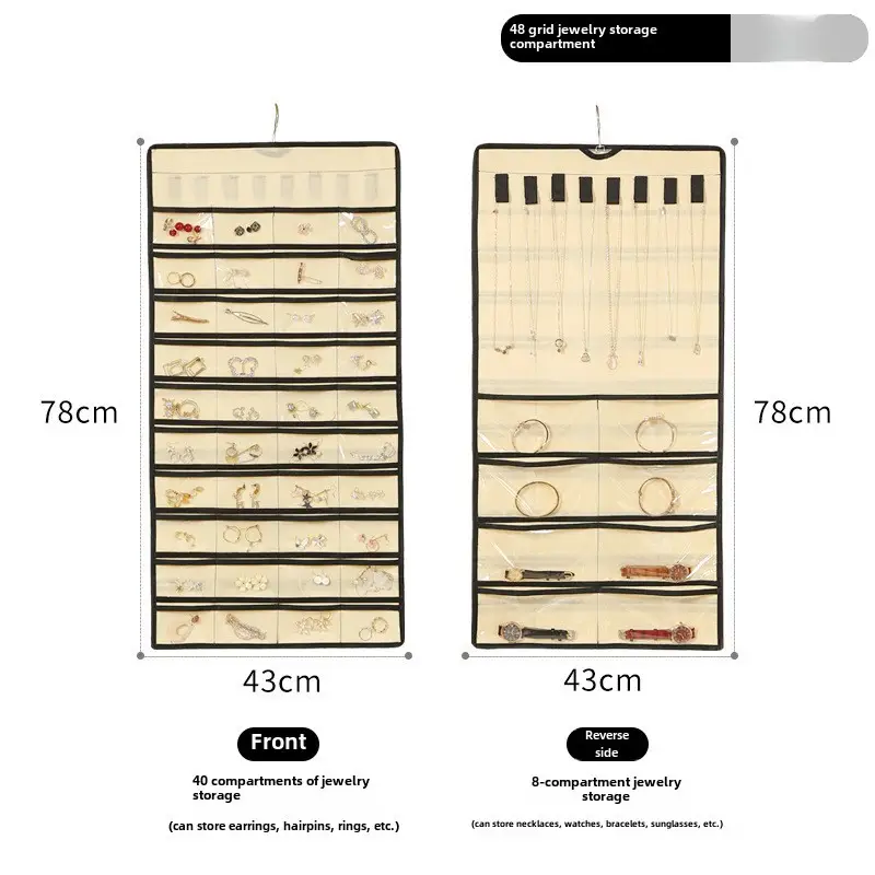 Double-Sided 80-Grid Jewelry Storage Bag Beige 78cm - Image 8
