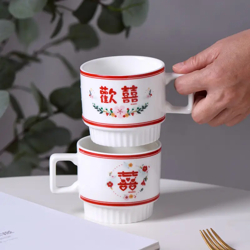 Wedding Couple Mug Set White Red Floral Design - Image 7