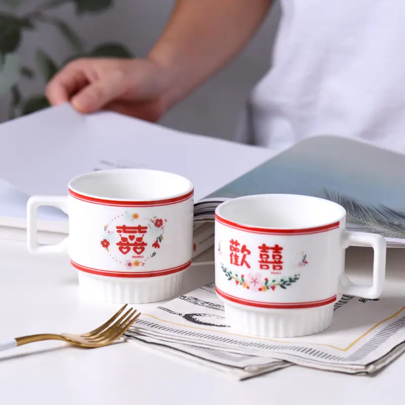 Wedding Couple Mug Set White Red Floral Design - Image 8