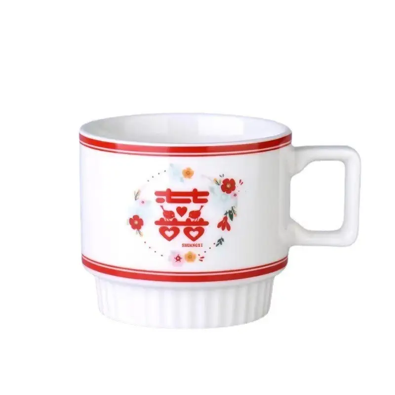 Wedding Couple Mug Set White Red Floral Design - Image 9