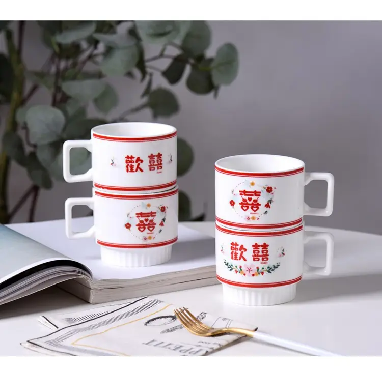 Wedding Couple Mug Set White Red Floral Design — feature 34