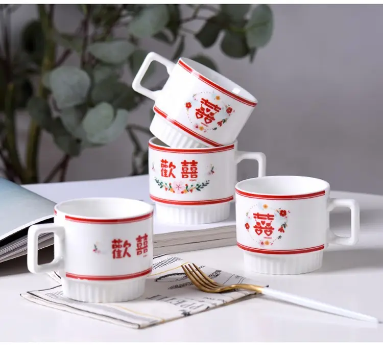 Wedding Couple Mug Set White Red Floral Design — feature 36
