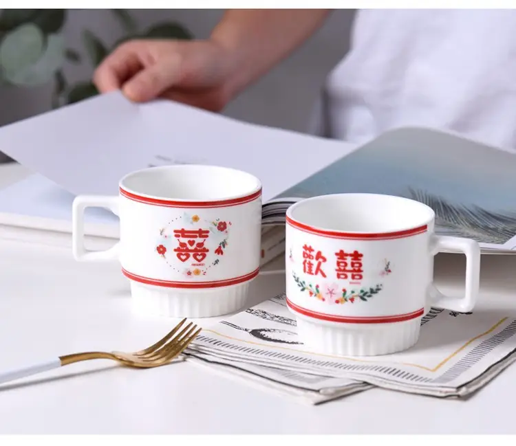 Wedding Couple Mug Set White Red Floral Design — feature 39