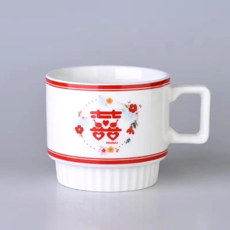 Wedding Couple Mug Set White Red Floral Design - Image 2