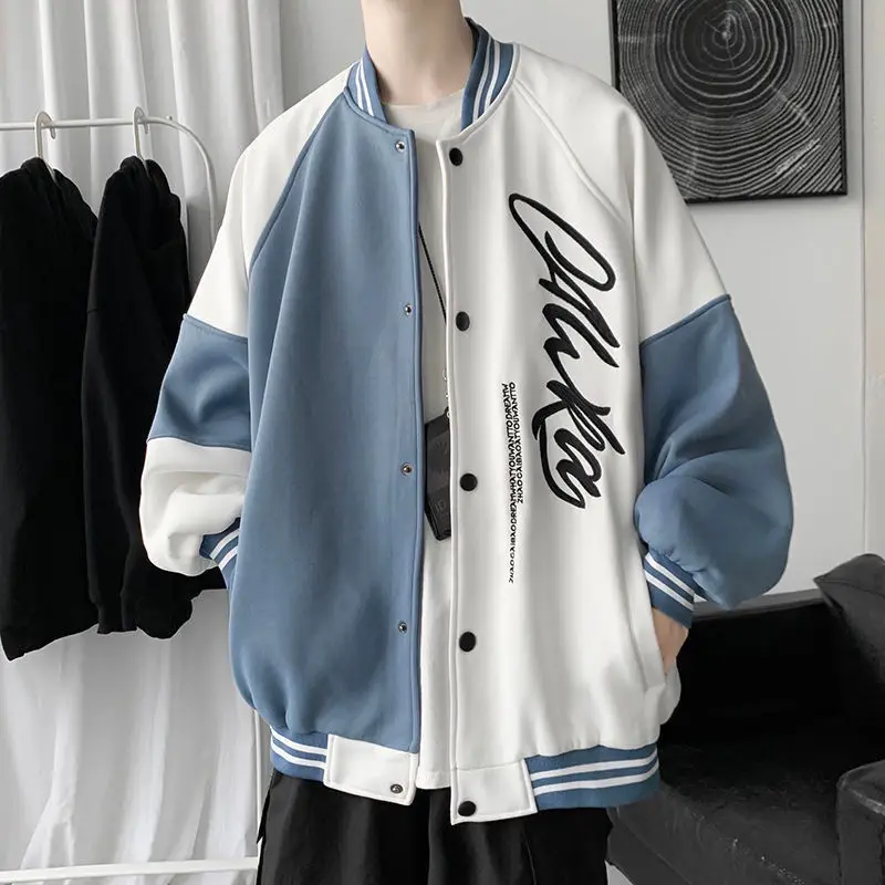 Men's Blue White Baseball Jacket with "Sense" Print - Image 2