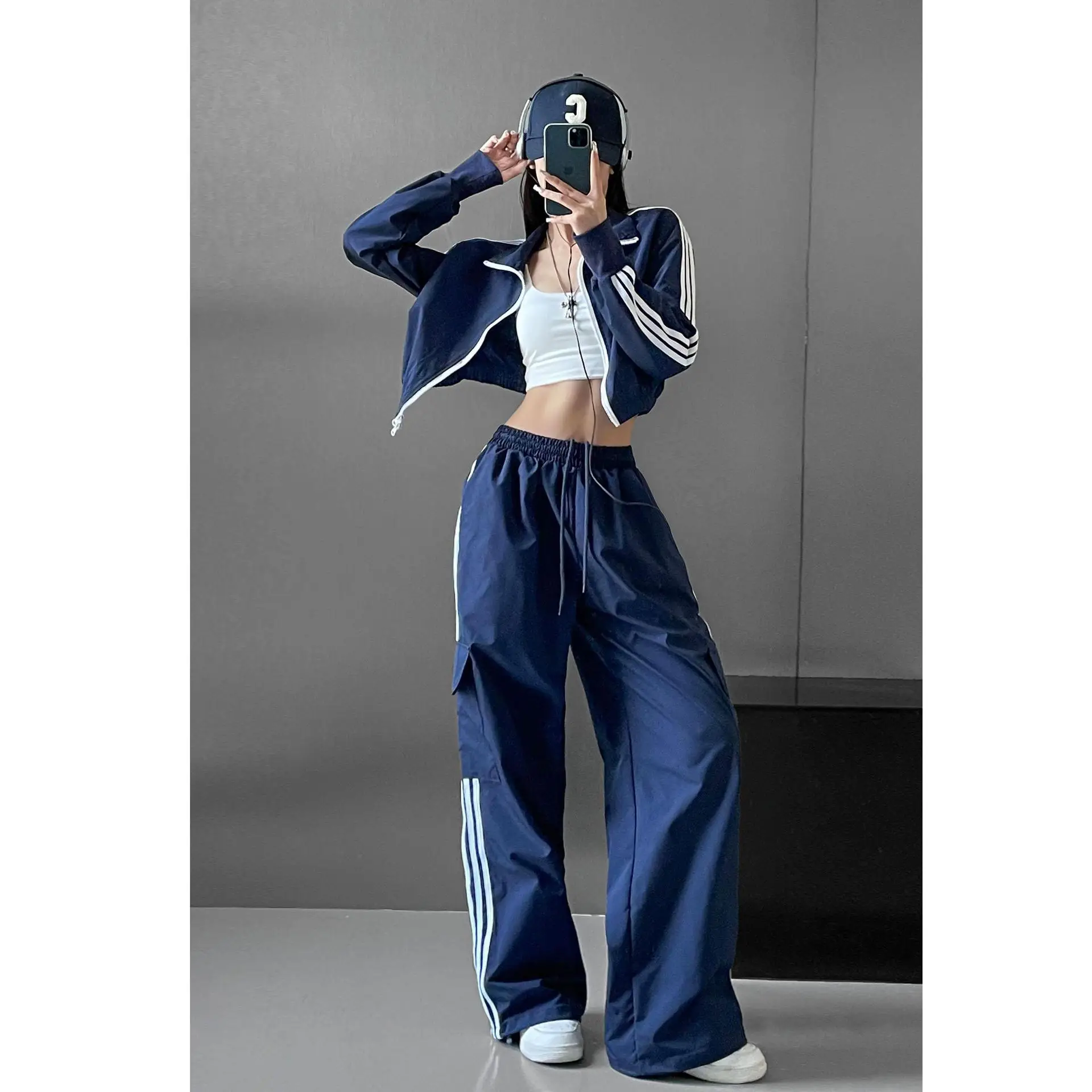 Women's Navy Blue Retro Hiking Cargo Pants High Waist Sports Pants - Image 10