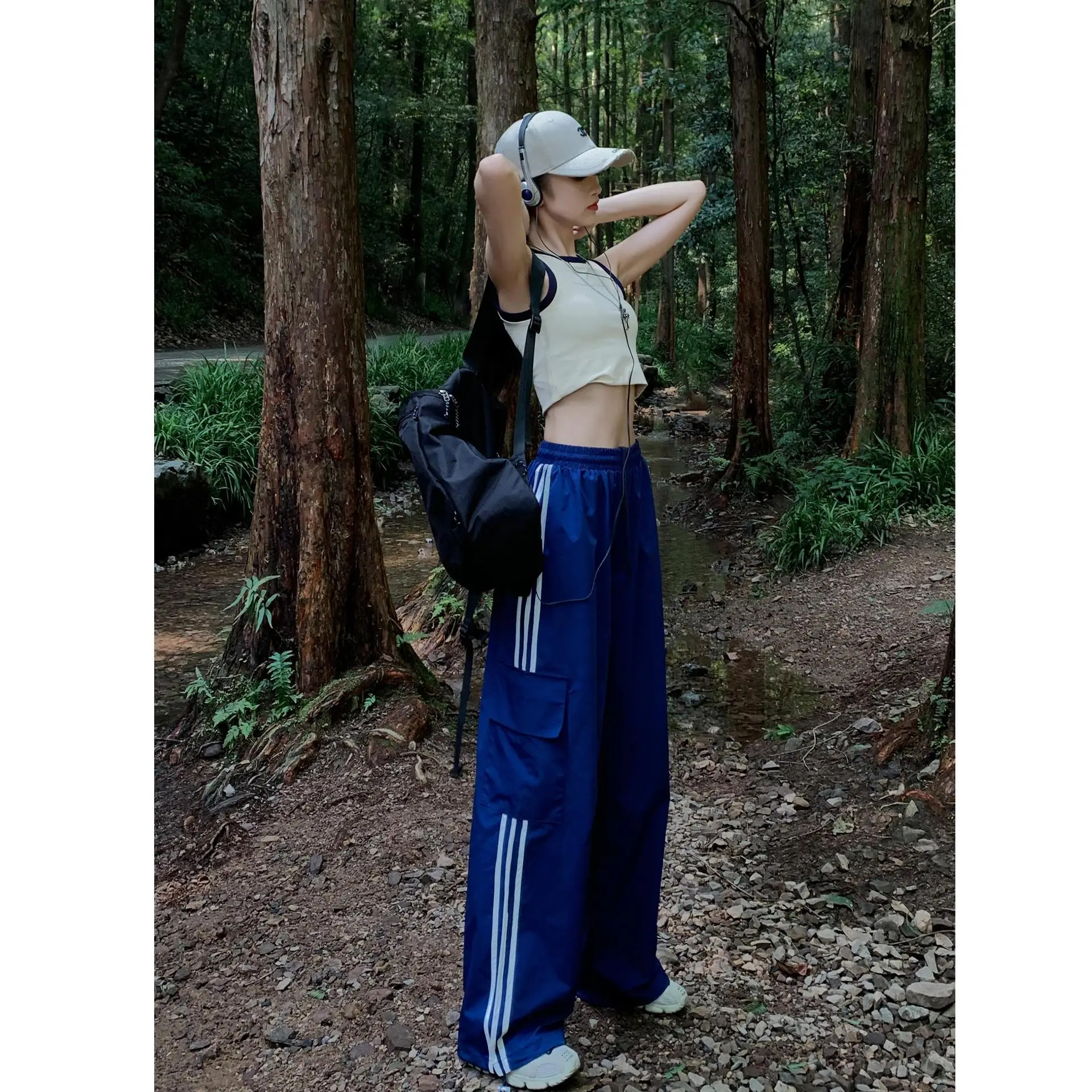 Women's Navy Blue Retro Hiking Cargo Pants High Waist Sports Pants - Image 12