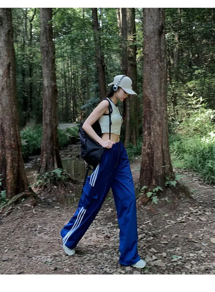 Women's Navy Blue Retro Hiking Cargo Pants High Waist Sports Pants — feature 10