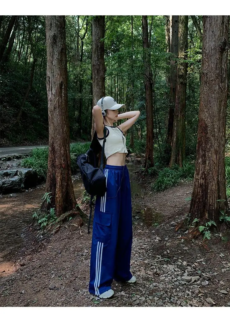 Women's Navy Blue Retro Hiking Cargo Pants High Waist Sports Pants — feature 18