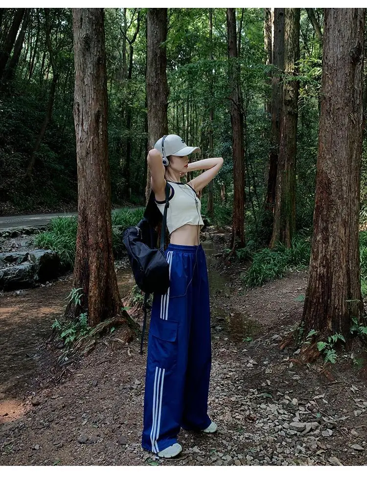 Women's Navy Blue Retro Hiking Cargo Pants High Waist Sports Pants — feature 2