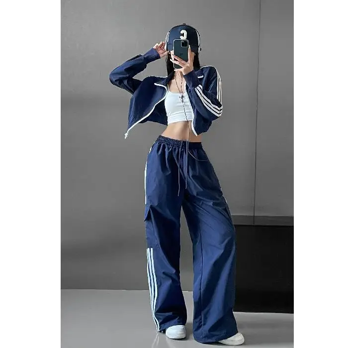 Women's Navy Blue Retro Hiking Cargo Pants High Waist Sports Pants - Image 4