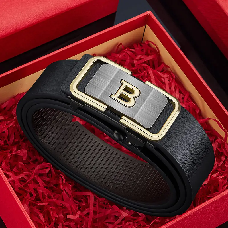 Men's Genuine Leather Buckle Belt Black Gold - Image 3