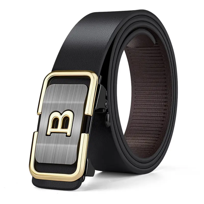 Men's Genuine Leather Buckle Belt Black Gold - Image 5