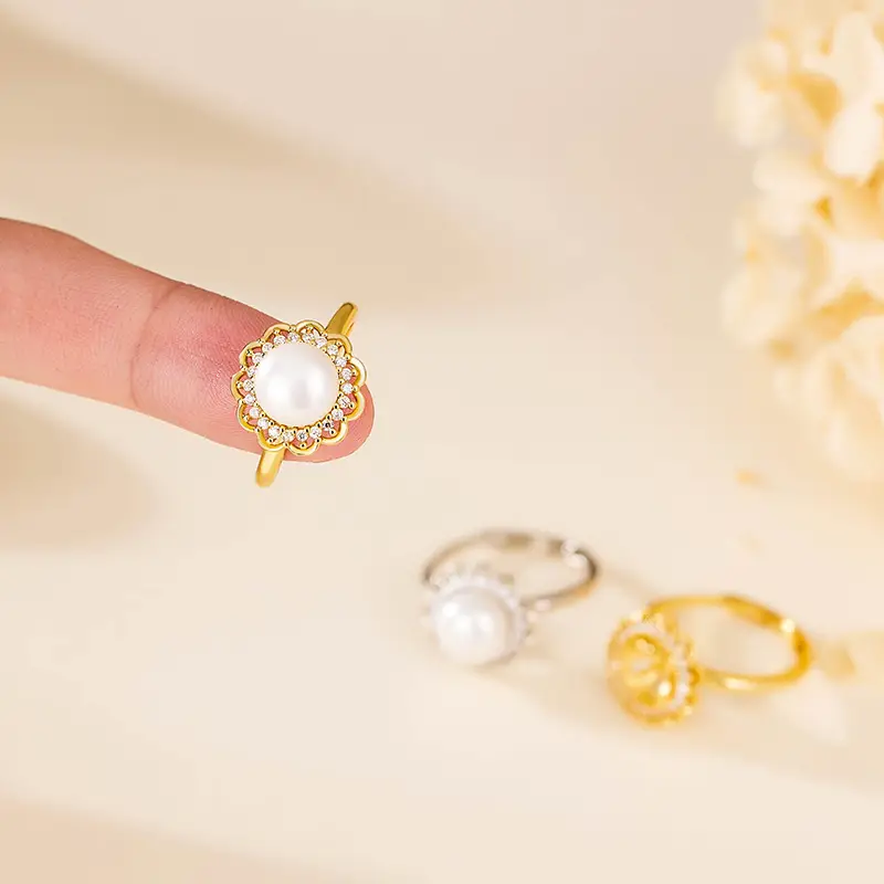 Women's Adjustable Pearl Ring with Micro-Lace Design