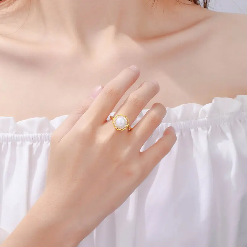 Women's Adjustable Pearl Ring with Micro-Lace Design