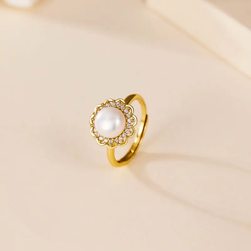 Women's Adjustable Pearl Ring with Micro-Lace Design