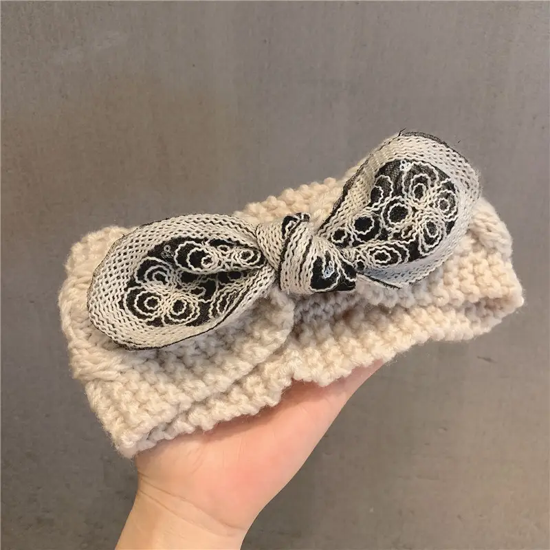 Korean Embroidered Knitted Wool Hairband with Sequins Bow