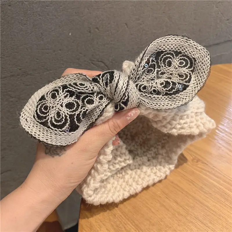 Korean Embroidered Knitted Wool Hairband with Sequins Bow