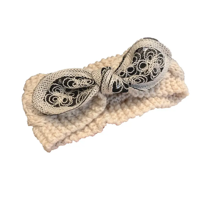 Korean Embroidered Knitted Wool Hairband with Sequins Bow