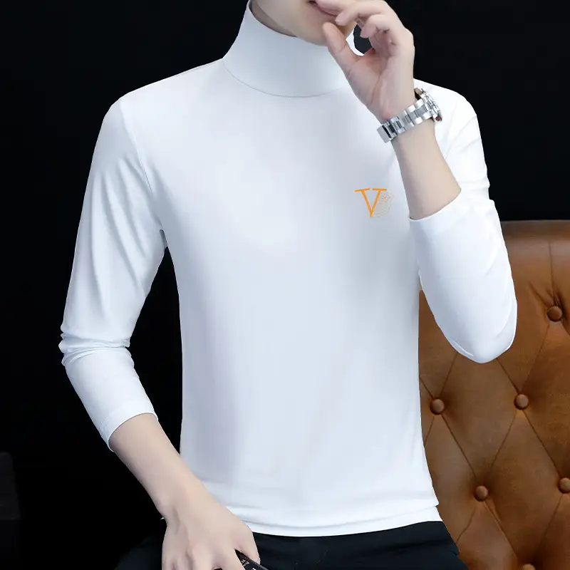Men's White Long Sleeve Turtleneck Slim Fit Shirt