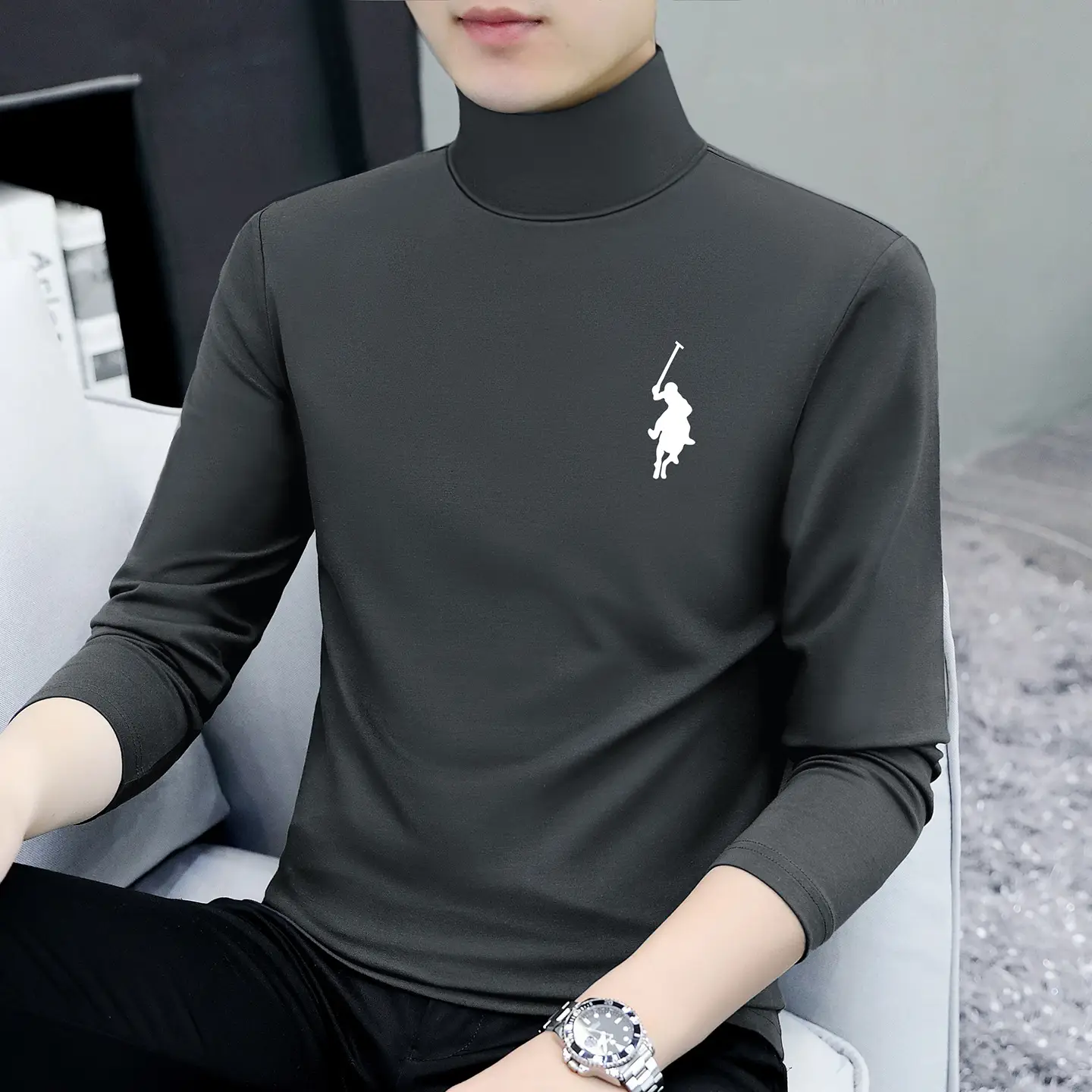 Men's White Long Sleeve Turtleneck Slim Fit Shirt