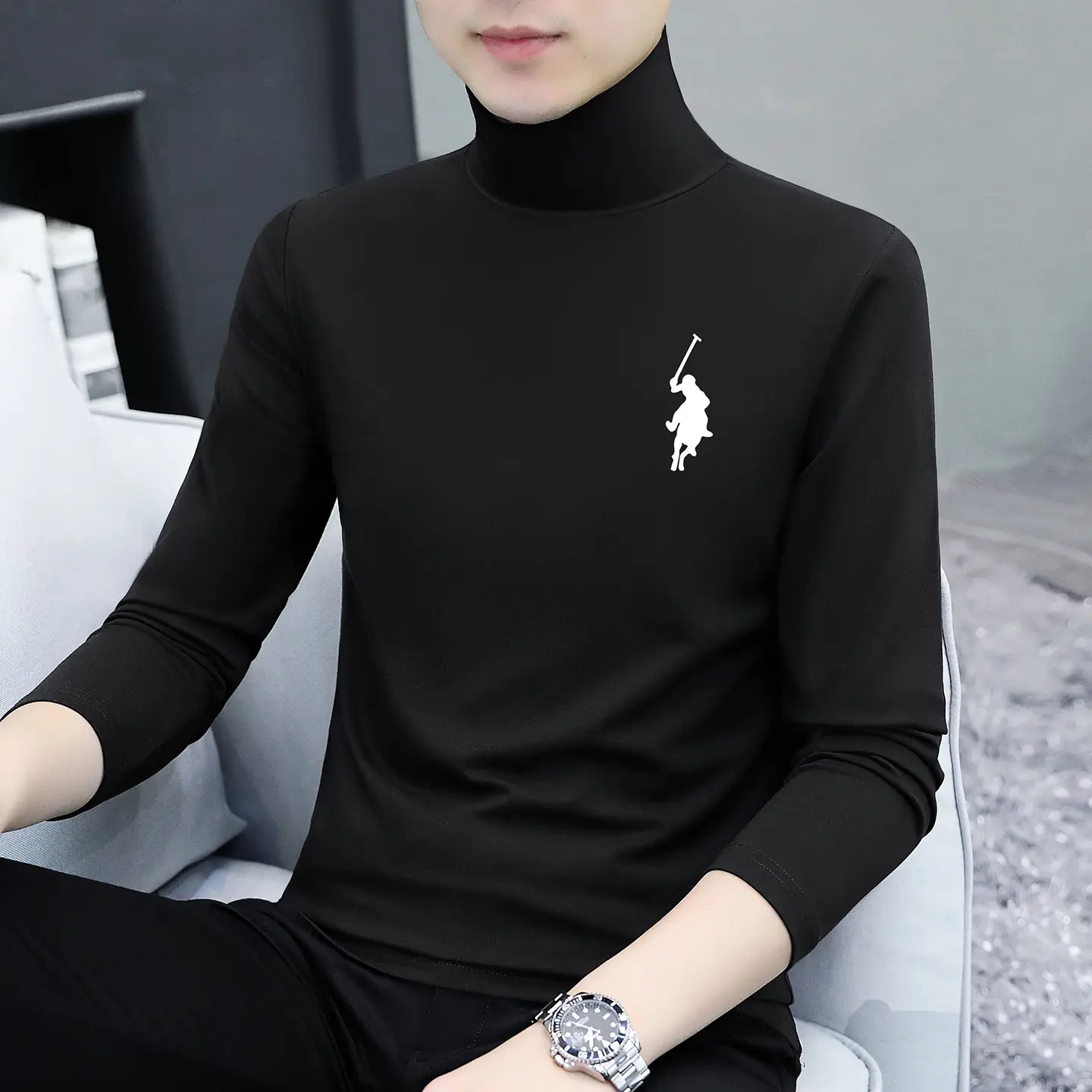 Men's White Long Sleeve Turtleneck Slim Fit Shirt