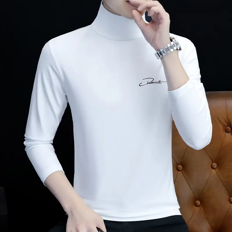 Men's White Long Sleeve Turtleneck Slim Fit Shirt