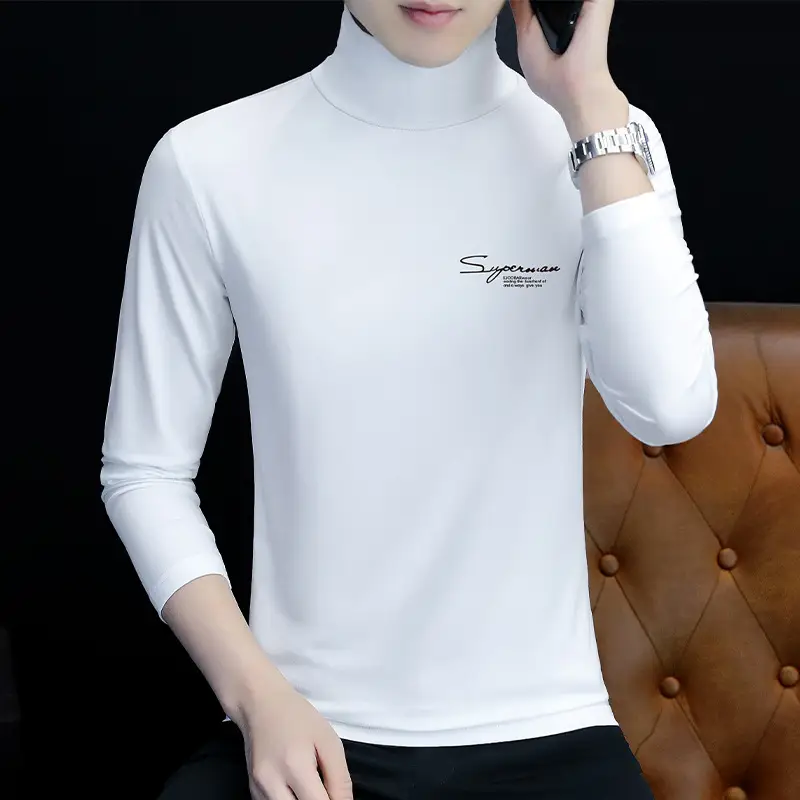 Men's White Long Sleeve Turtleneck Slim Fit Shirt