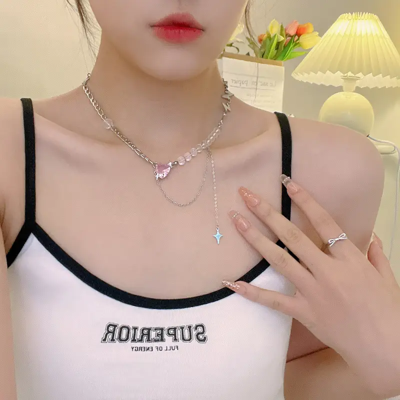 Pink Heart Diamond Necklace for Women Elegant 2024 - Image 4