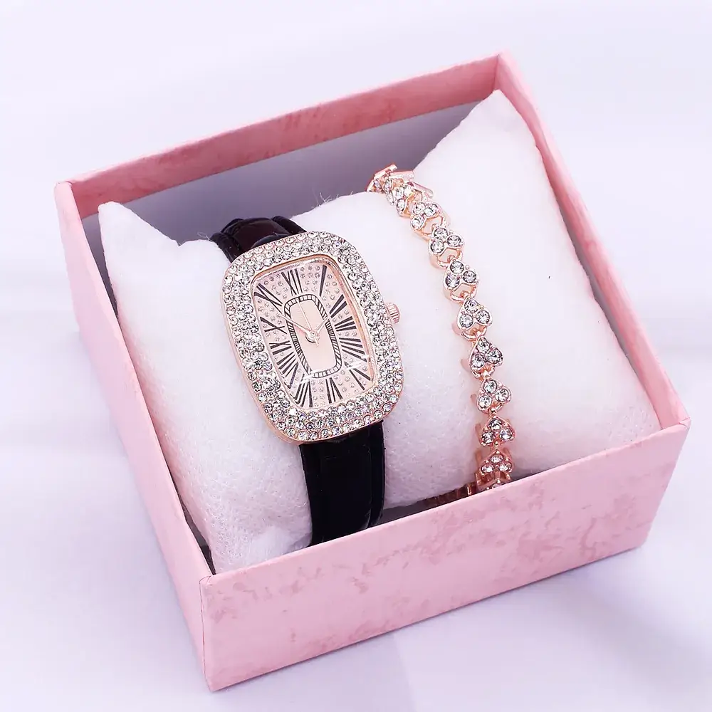 Women's Gold Watch & Bracelet Set Waterproof Black Dial - Image 3