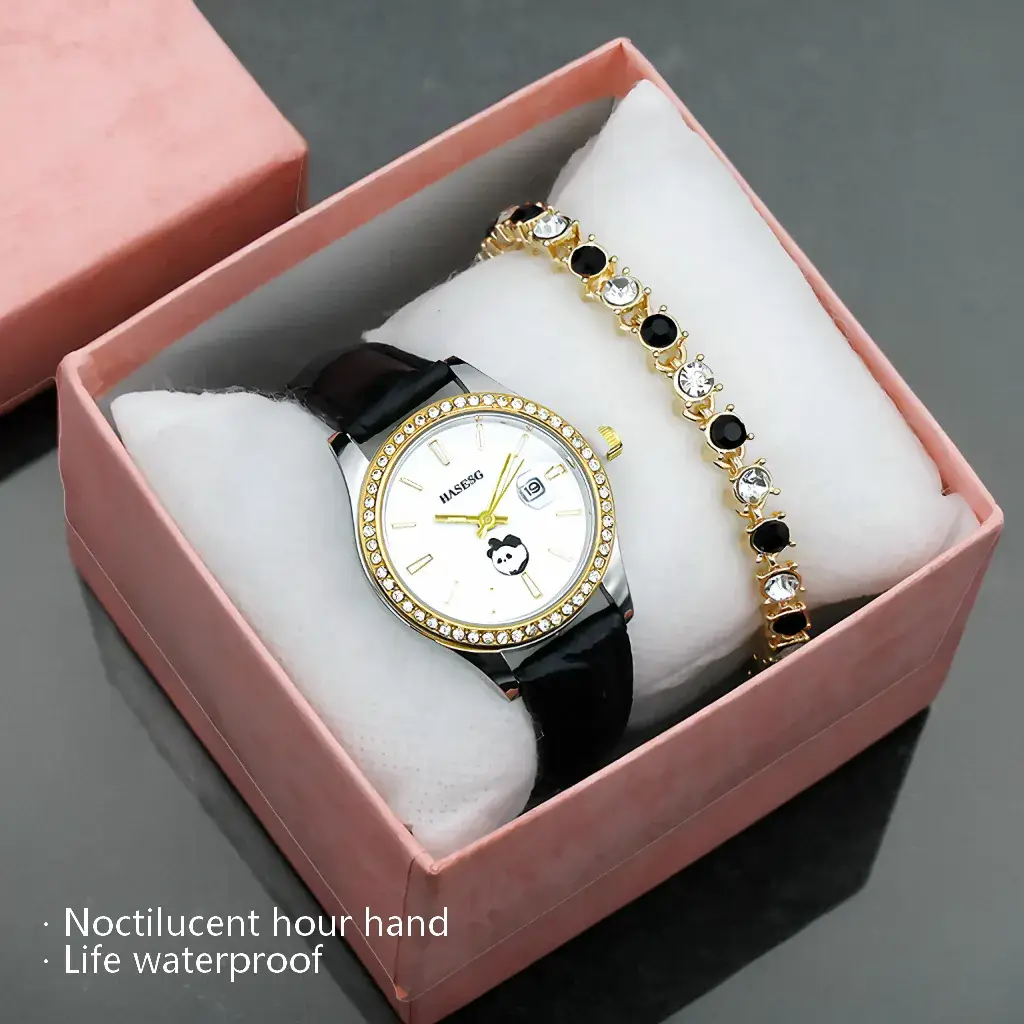 Women's Gold Watch & Bracelet Set Waterproof Black Dial - Image 18