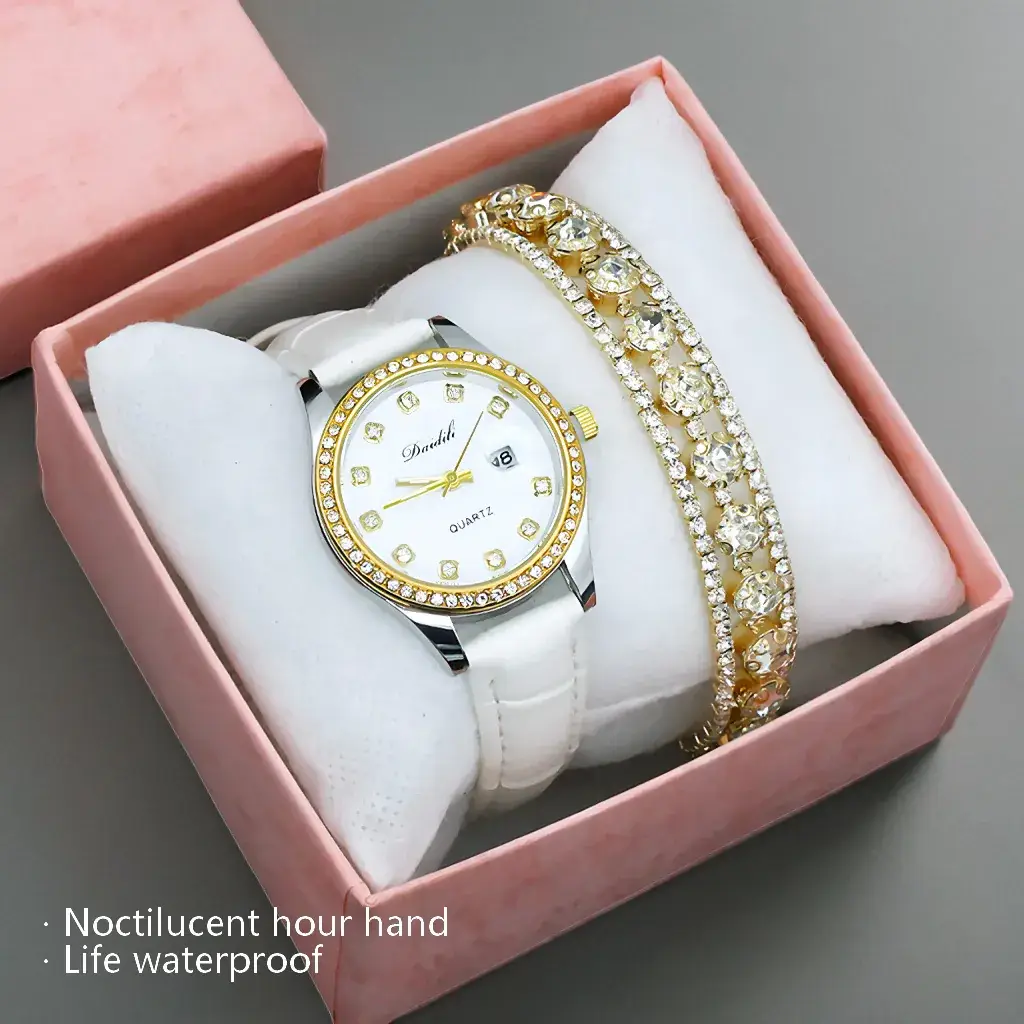 Women's Gold Watch & Bracelet Set Waterproof Black Dial - Image 21