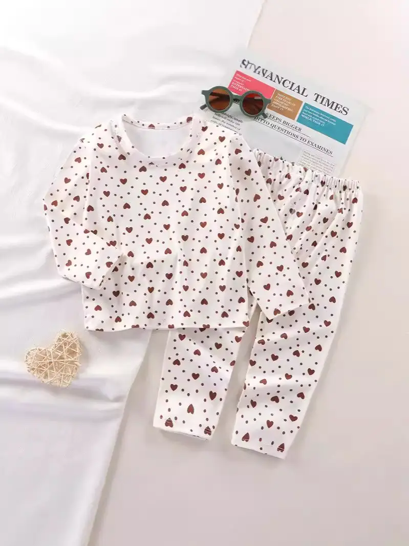 Children's Velvet Pajamas Set White Blue Heart Print - Image 7