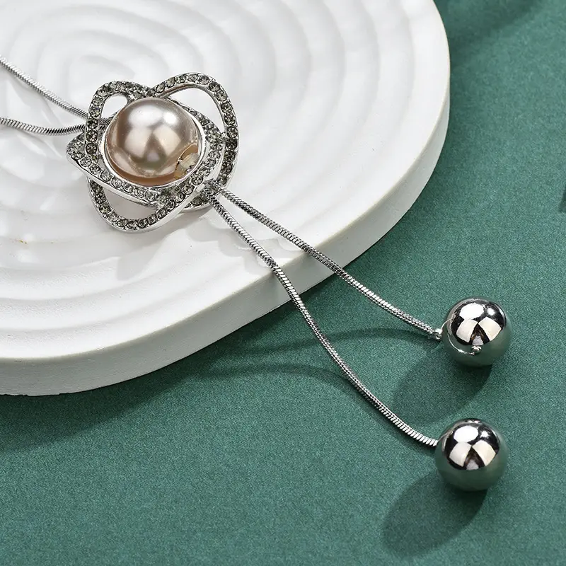 Pearl Flower Cross Ring Tassel Necklace for Women - Image 3