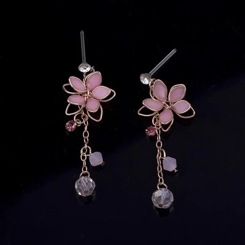 Antique Pink Five-Petal Flower Tassel Earrings