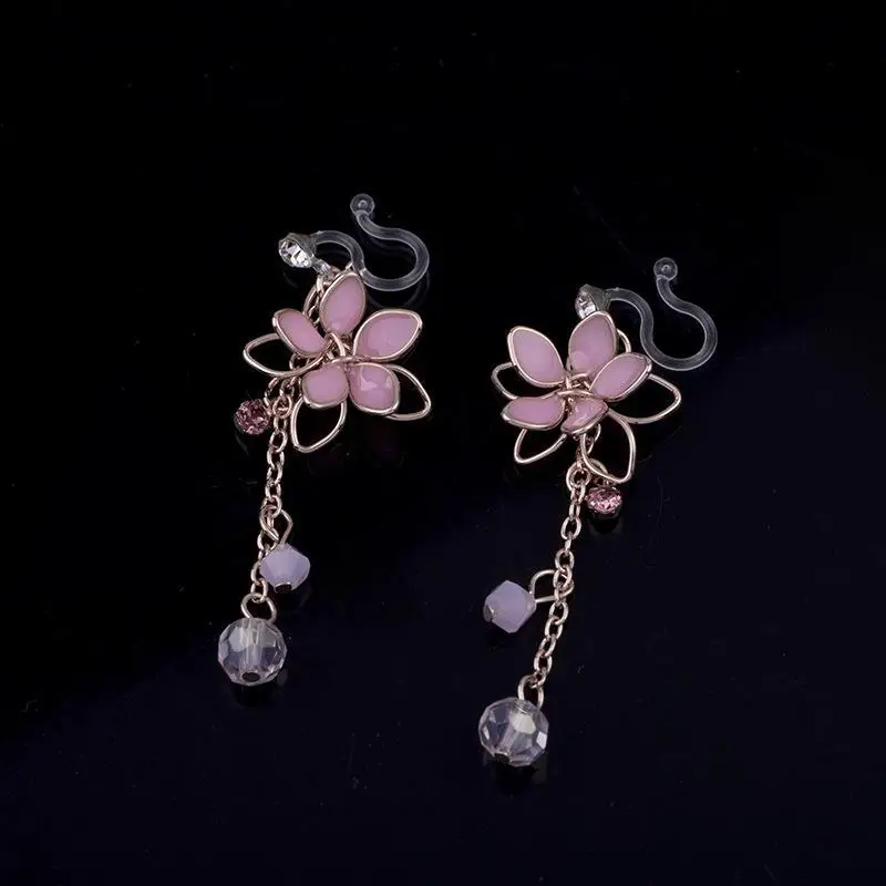 Antique Pink Five-Petal Flower Tassel Earrings