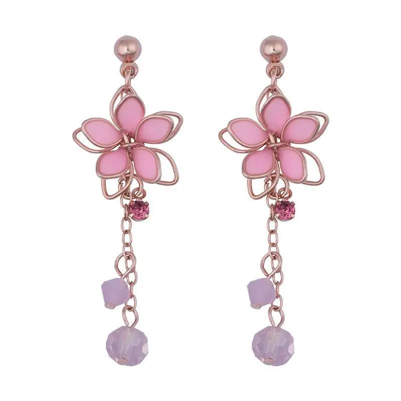 Antique Pink Five-Petal Flower Tassel Earrings