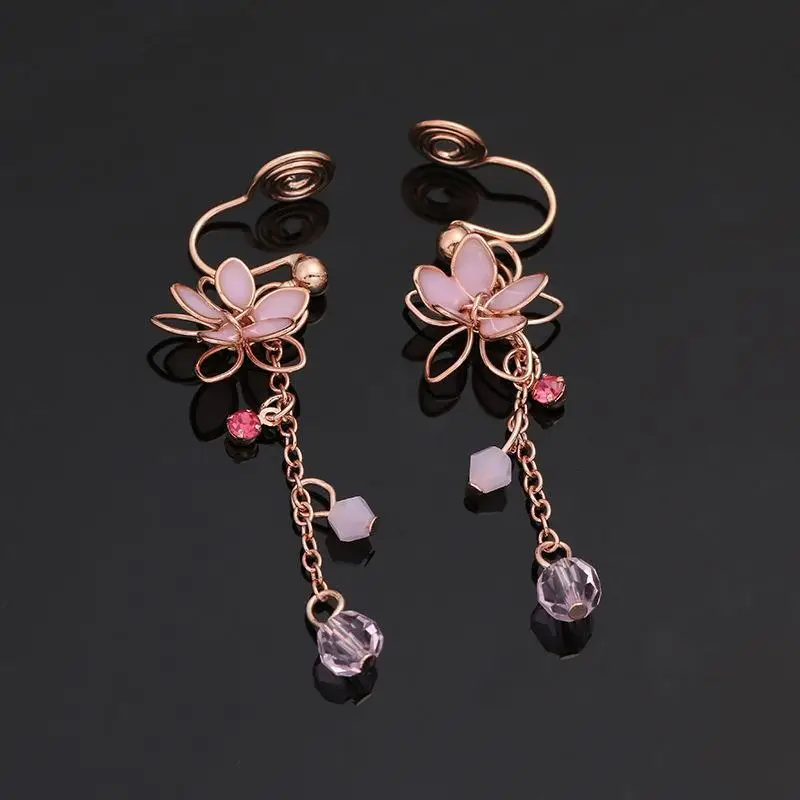 Antique Pink Five-Petal Flower Tassel Earrings