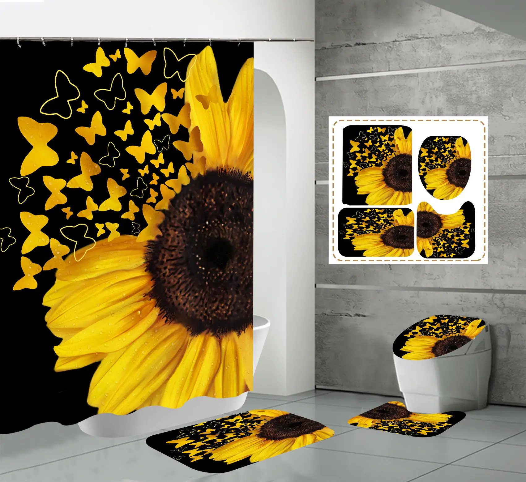 Sunflower Butterfly Shower Curtain Four-Piece Set Waterproof - Image 10